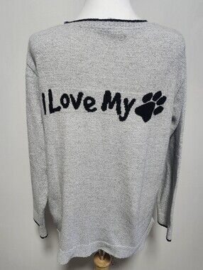Parkhurst Gray Sweater Heart & Paw Motif On Front, I Love My Dog On Back.